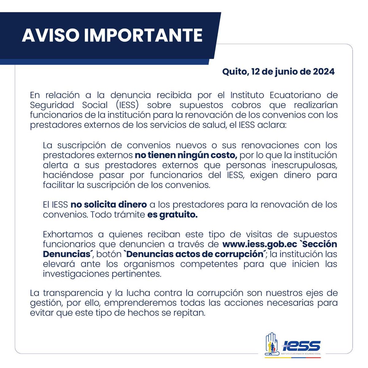 IESSec's tweet photo. #IESSteInforma | Ante denuncias de supuestos cobros para renovación de los convenios de prestadores externos de salud, el @IESSec aclara ⬇️ https://t.co/Zp8c8Ecbrc