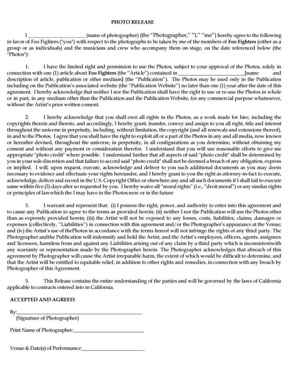danny_payne's tweet image. So, @foofighters are the latest band to start presenting music photographers with ridiculous releases forms, known affectionately in the industry as "rights grabs".

Here is said ridiculous contract in it's entirety: