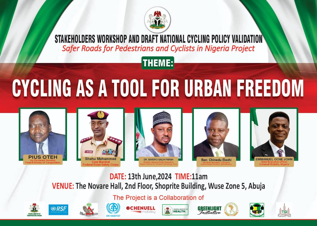 Join us tomorrow for an important stakeholders workshop aimed at drafting and validating the National Cycling Policy, as part of the "Safer Roads for Pedestrians and Cyclists in Nigeria Project."