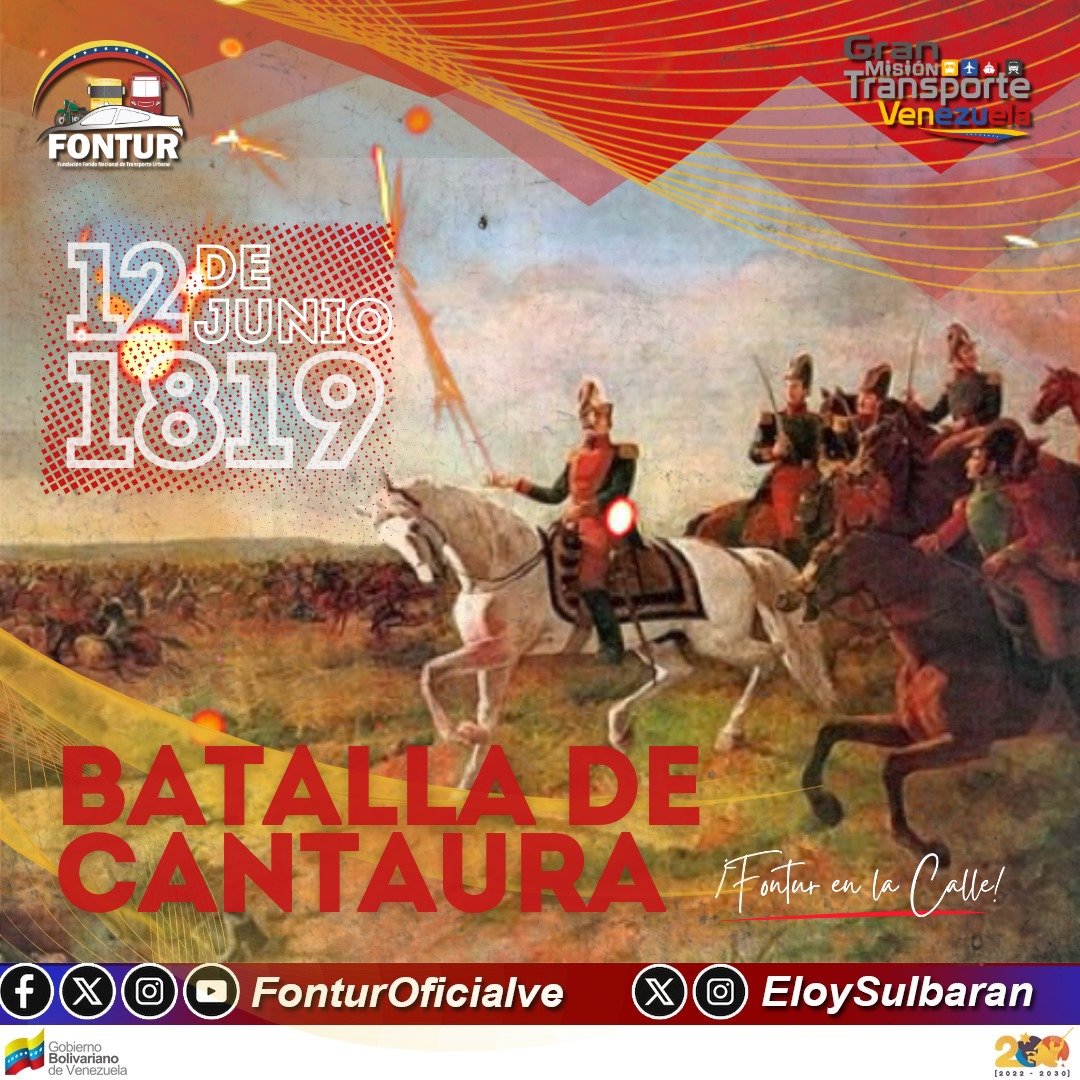 #12Jun1819, se produce la Batalla de Cantaura, en el estado #Anzoátegui, donde el General patriota margariteño Santiago Mariño, en su condición de Jefe del Ejército de Oriente, derrotó al Coronel realista Eugenio de Arana.
#CreemosEnNuestraGente