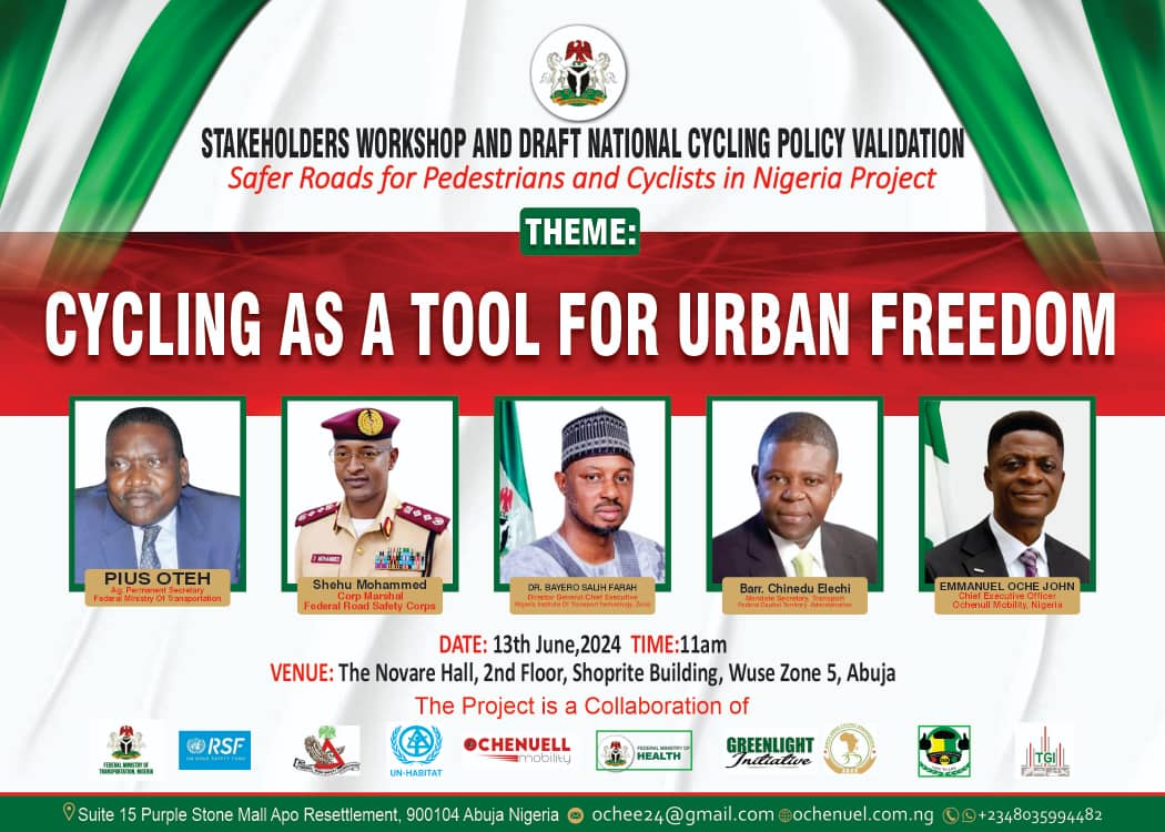 Ochenuel Mobility (@ochenuel) on Twitter photo Dear colleagues, join us for the National Stakeholders Workshop and Draft National Cycling Policy Validation taking place tomorrow.lets take cycling to the next level in Nigeria. This is part of the Safer Roads for Pedestrians and Cyclists in Nigeria project supported by <a href="/UN_RSF/">UNRSF – UN Road Safety Fund</a> Dear colleagues, join us for the National Stakeholders Workshop and Draft National Cycling Policy Validation taking place tomorrow.lets take cycling to the next level in Nigeria. This is part of the Safer Roads for Pedestrians and Cyclists in Nigeria project supported by <a href="/UN_RSF/">UNRSF – UN Road Safety Fund</a>
