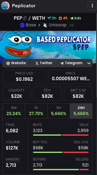 BasedPeplicator's tweet photo. We are on Top 5 Trend of @dexscreener on @base

Top 1 Trending on Base Treding of @BuyBotTech 

Sending it hard with $PEP and @Matt_Furie 

$PEP will hit 1$ tonight? 

#PEPE #ANDY #FORFAR #LANDWOLF #BRETTVERSE #BRETT #bretta #MEMECOİNS https://t.co/wDbBFULu5e