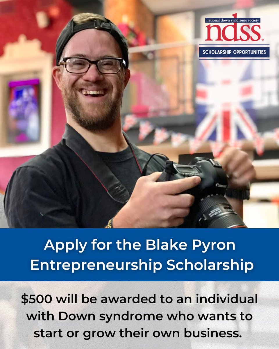 The Blake Pyron Entrepreneurship Scholarship was established with the goal of supporting self-advocates as they pursue their dreams of owning their own business. All NDSS scholarship applications must be submitted by Friday, 6/14 at 11:59 PM ET! Apply at ndss.org/resources/ndss….