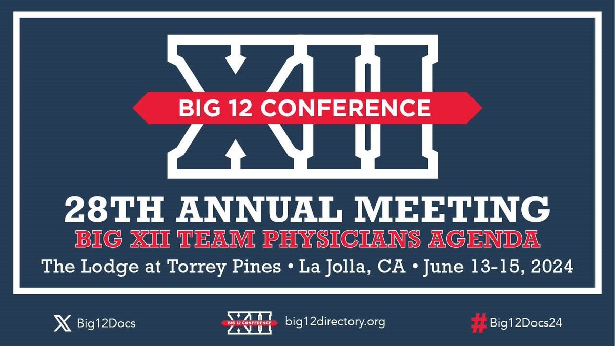 The 2024 Annual Meeting for the BIG XII Team Physicians starts TOMORROW! We can't wait to see you at The Lodge at Torrey Pines in La Jolla, California.

#Big12Docs24 #Big12Docs #Big12TeamPhysicians