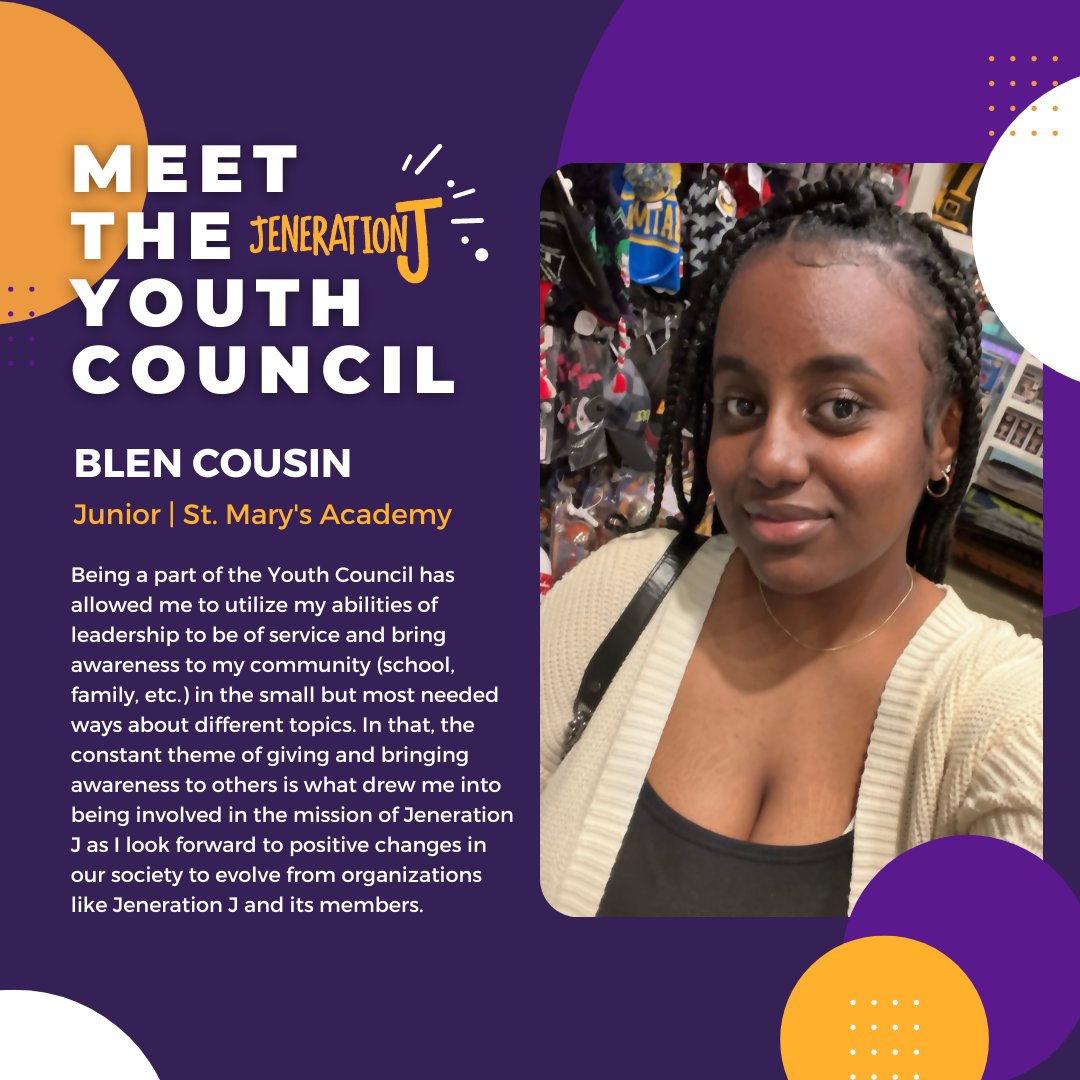JenerationJ's tweet photo. our next jenerationj youth council member! 💜 Blen is a junior at st. mary's academy, and enjoys cooking and trying new foods. the youth council has allowed her to improve her leadership skills and bring positive change to her community 👥✨️

#healthyrelationships https://t.co/7d9kFjueSi