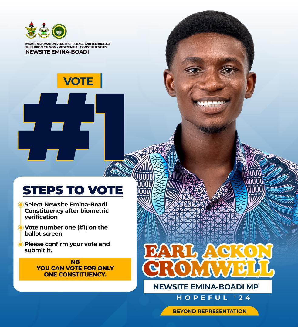 [NEWSITE EMINA-BOADI];

Earl Ackon Cromwell emerges as the next MP. 

He won with a whopping 686 vote difference.

#Knustdecides | #UNRCElections