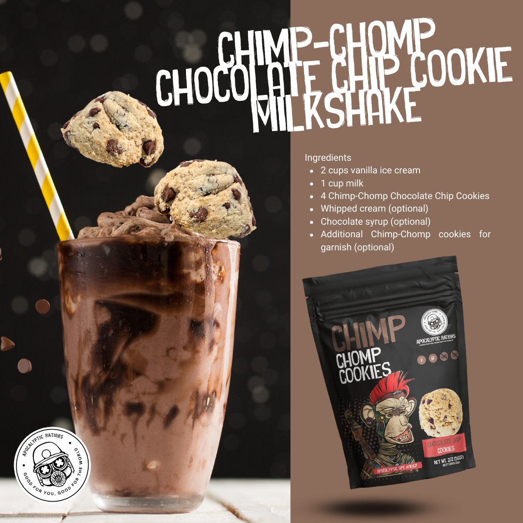 apocalyptratns's tweet photo. Treat yourself to a Chimp-Chomp Chocolate Chip Cookie Milkshake!🥤
Blend vanilla ice cream, milk, and #ChimpChompCookies🍪 until smooth. Pour into glasses and top with whipped cream, chocolate syrup, and a #ChimpChompCookie. Enjoy 😋

Because we all deserve sweet moments! #AAPES #sweetmoments