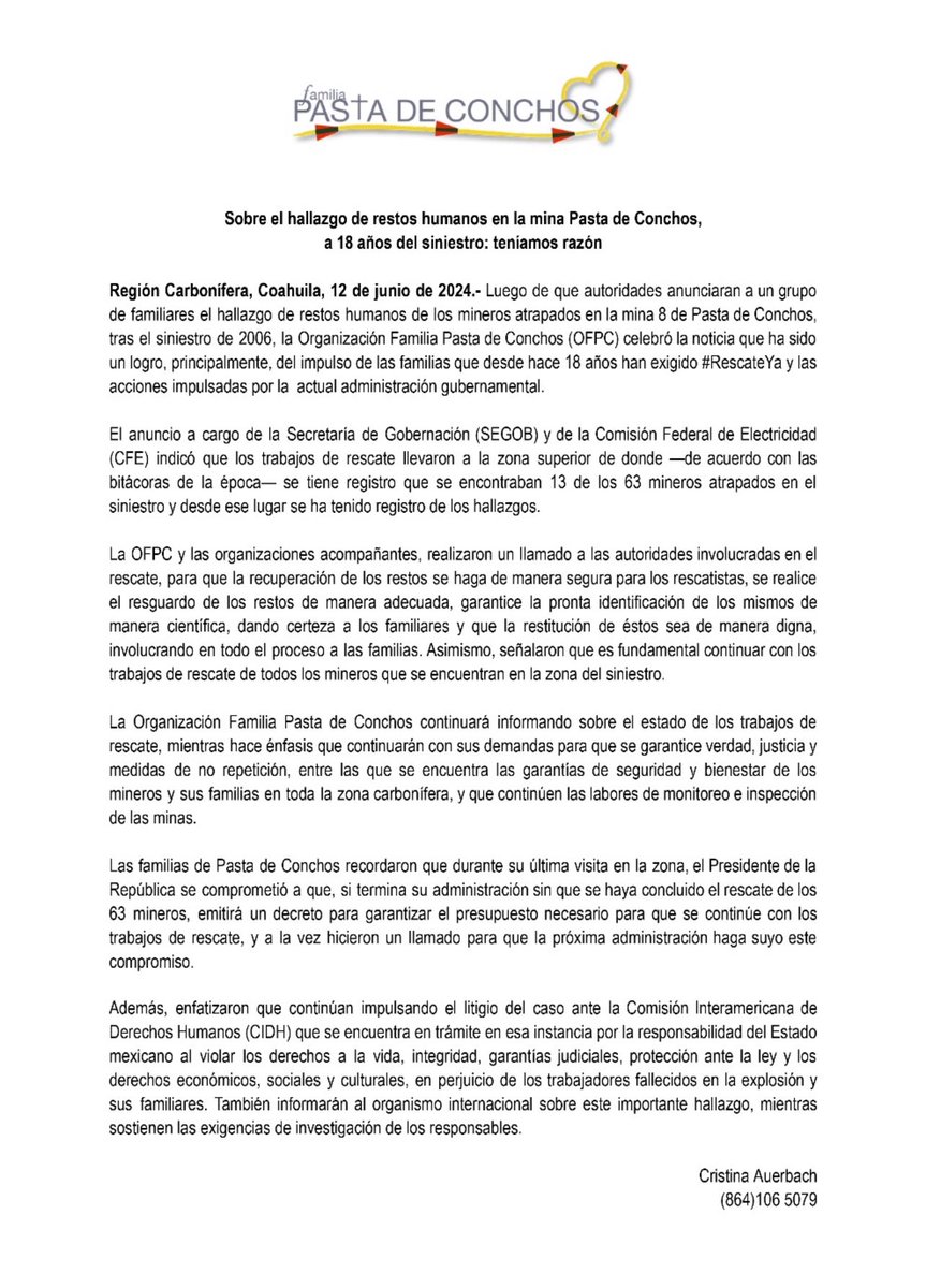 ‼️COMUNICADO DE PRENSA Sobre el hallazgo de restos en la mina #PastaDeConchos: TENÍAMOS RAZÓN, Siempre la Verdad estuvo de nuestro lado.