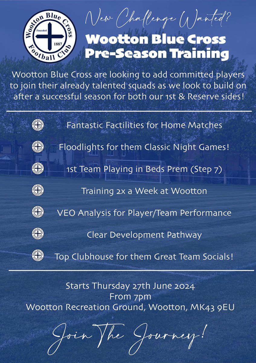 BlueWoottonMens's tweet photo. 🚨| Not Long Now… 𝑷𝒓𝒆𝒔𝒆𝒂𝒔𝒐𝒏!

New Challenge Wanted?.. 👀
Look no further.. 💪🏼

We’re looking for committed players aged 16+ to join our talented Blue Cross squads!

📆| Thurs 27th June
⚽️| 7pm Start - MK43 9EU

DM Us.... All are welcome!… 💪🏼

#JoinTheJourney 🔵✖️ https://t.co/B0FXLLMuzk