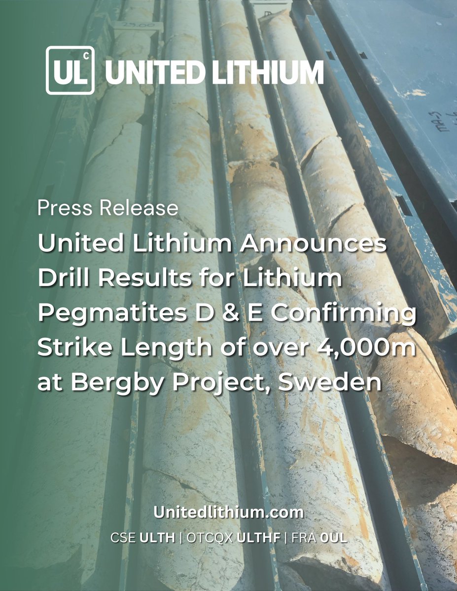United Lithium (@unitedlithium) on Twitter photo We're pleased to report additional assay results from the 2023 Drill Program on the newly discovered D and E Pegmatites at the Bergby Lithium Project in Sweden.
✅ Pegmatite D Assay Results:
• 1.45% Li₂O over 2.02 m from 37.49 m depth,
- within 5.19 m at 0.82% Li₂O from 36.57 We're pleased to report additional assay results from the 2023 Drill Program on the newly discovered D and E Pegmatites at the Bergby Lithium Project in Sweden.
✅ Pegmatite D Assay Results:
• 1.45% Li₂O over 2.02 m from 37.49 m depth,
- within 5.19 m at 0.82% Li₂O from 36.57