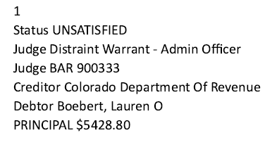 AmericanMuck's tweet photo. SCOOP: We're not making this up. Another member of the #BoebertCrimeFamily @LaurenBoebert @RepBoebert was sued by the Colorado Dept of Revenue for $5,428.80. She still hasn't paid it. https://t.co/HKfi8j17B7