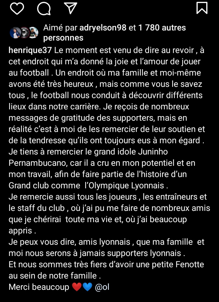 Le message d'adieu très touchant de Henrique a l'OL 😔🇧🇷

A jamais un Gone !

Merci pour tout ♥️