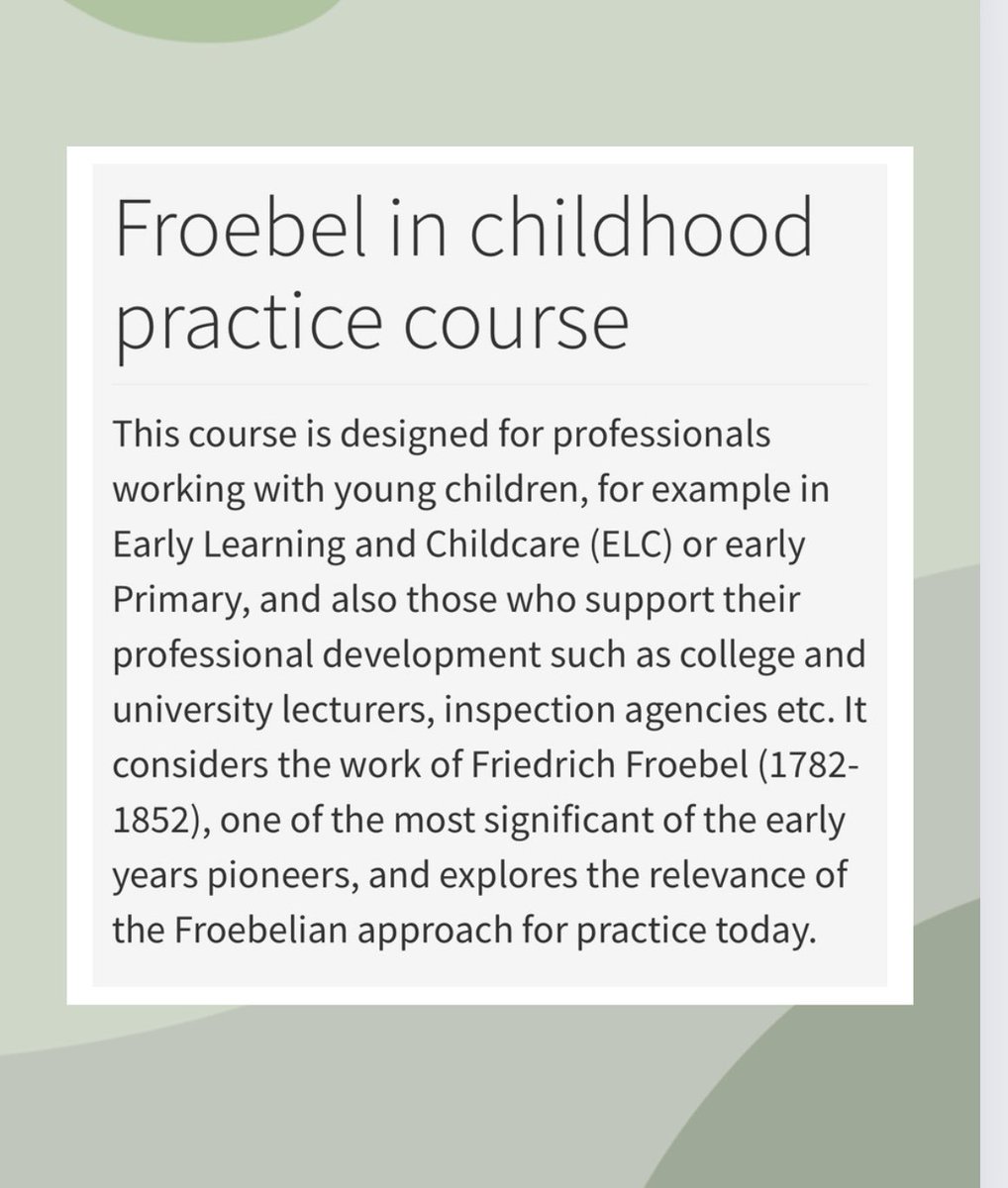 A wonderful opportunity if you wish to study <a href="/MorayHouse/">Moray House School of Education and Sport</a>  

Froebel in Childhood Practice Course. 

Falkirk ELC Educators spread the word in settings - limited funded places available via a Falkirk application 

Click the course link for more info 
ed.ac.uk/education/prof…💕⬇️