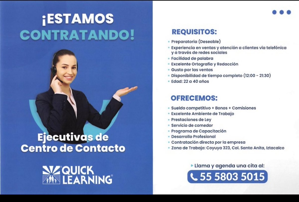 SamyGuerrero19's tweet image. Mutos, si alguien busca trabajo en cdmx, en Quick Learning hay vacante de Ejecutiva de Centro de Contacto
Pd. Vayan x favor, no quiero reprobar😞
#quicklearning  #trabajo #cdmx