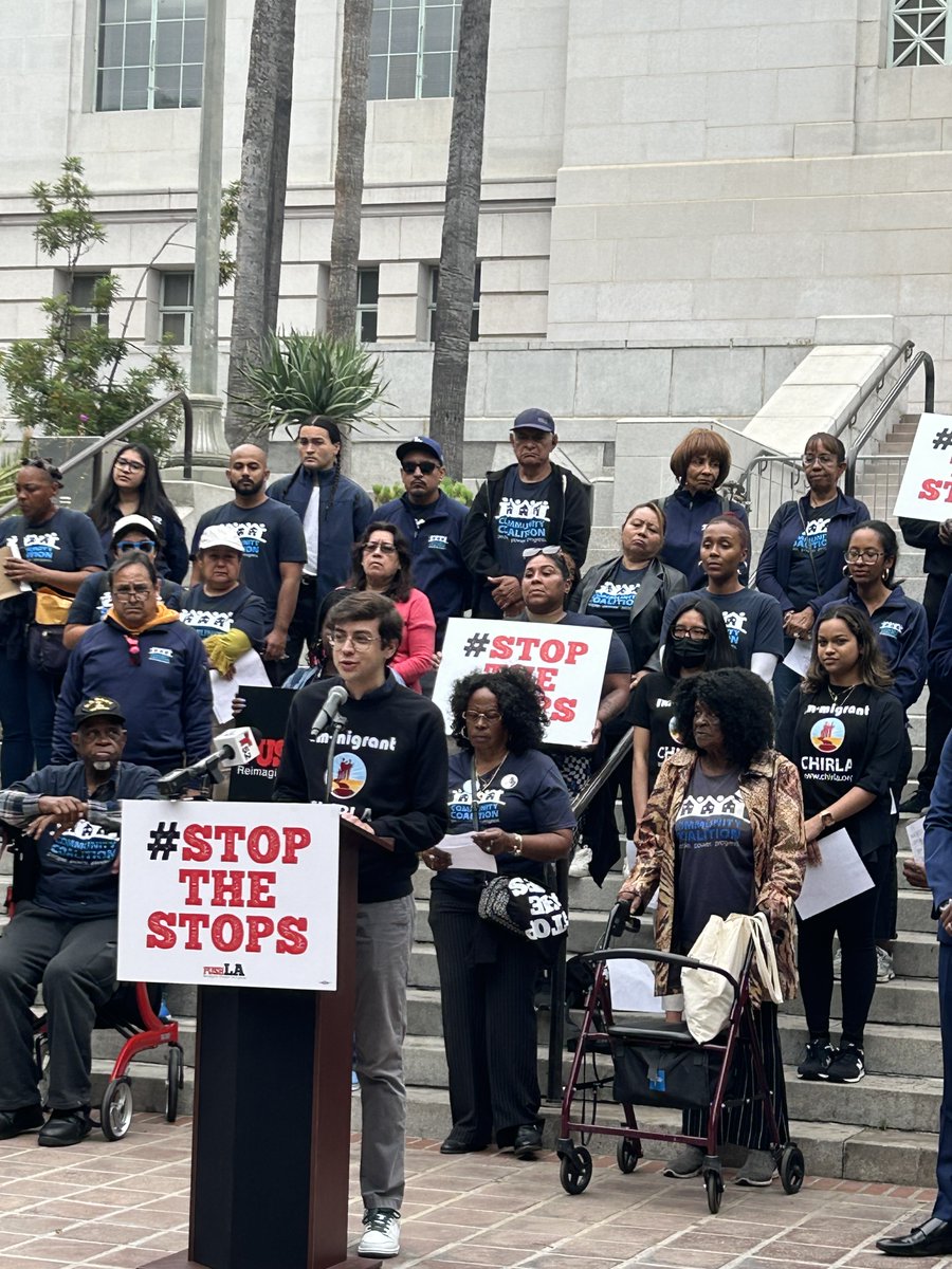 CHIRLA's tweet photo. Today, CHIRLA joined #PUSHLA to continue fighting for safety in LA & raise awareness against the racist practices of LAPD through pretextual stops, which disproportionally place BIPOC & immigrant communities in danger! The City of LA must adopt policies #StopTheStops! ✊🏽 https://t.co/418fVhOajA