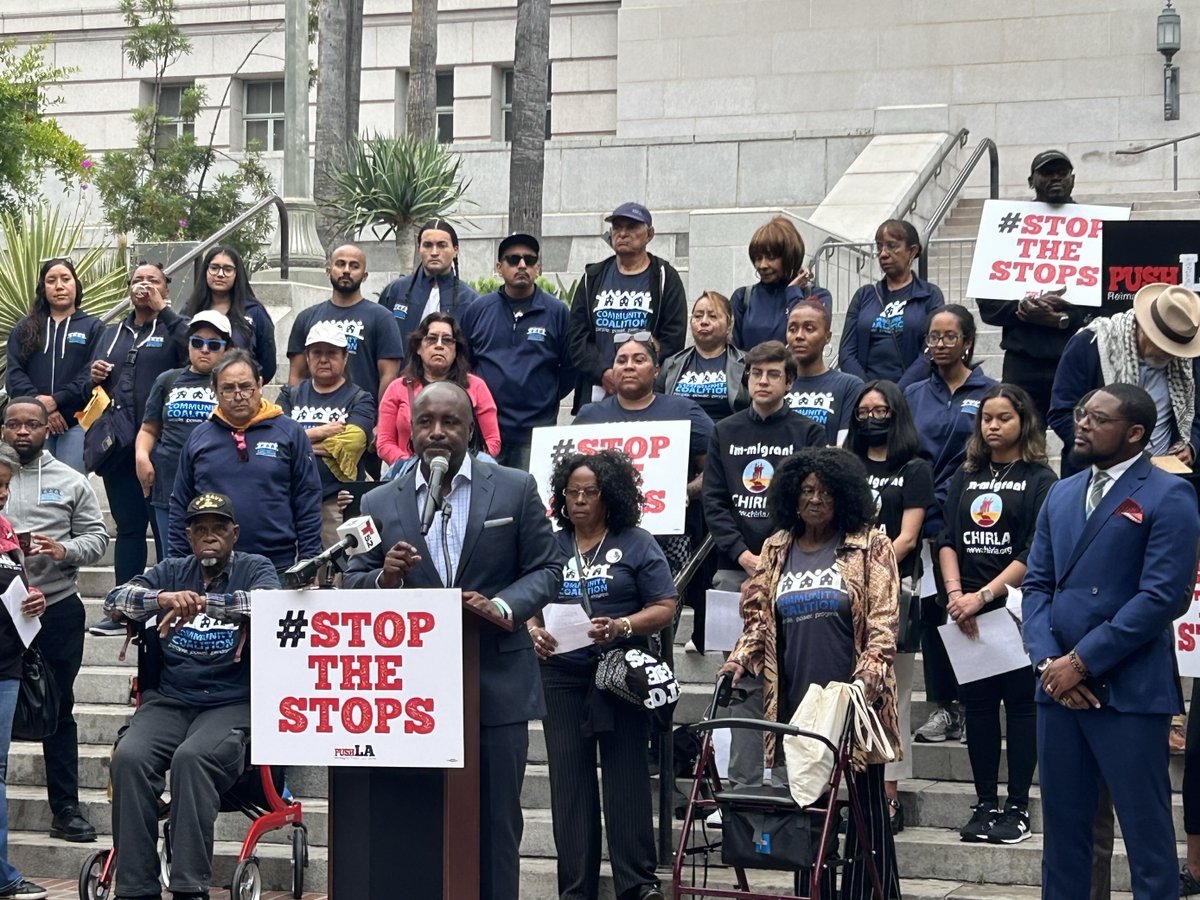 CHIRLA's tweet photo. Today, CHIRLA joined #PUSHLA to continue fighting for safety in LA & raise awareness against the racist practices of LAPD through pretextual stops, which disproportionally place BIPOC & immigrant communities in danger! The City of LA must adopt policies #StopTheStops! ✊🏽 https://t.co/418fVhOajA