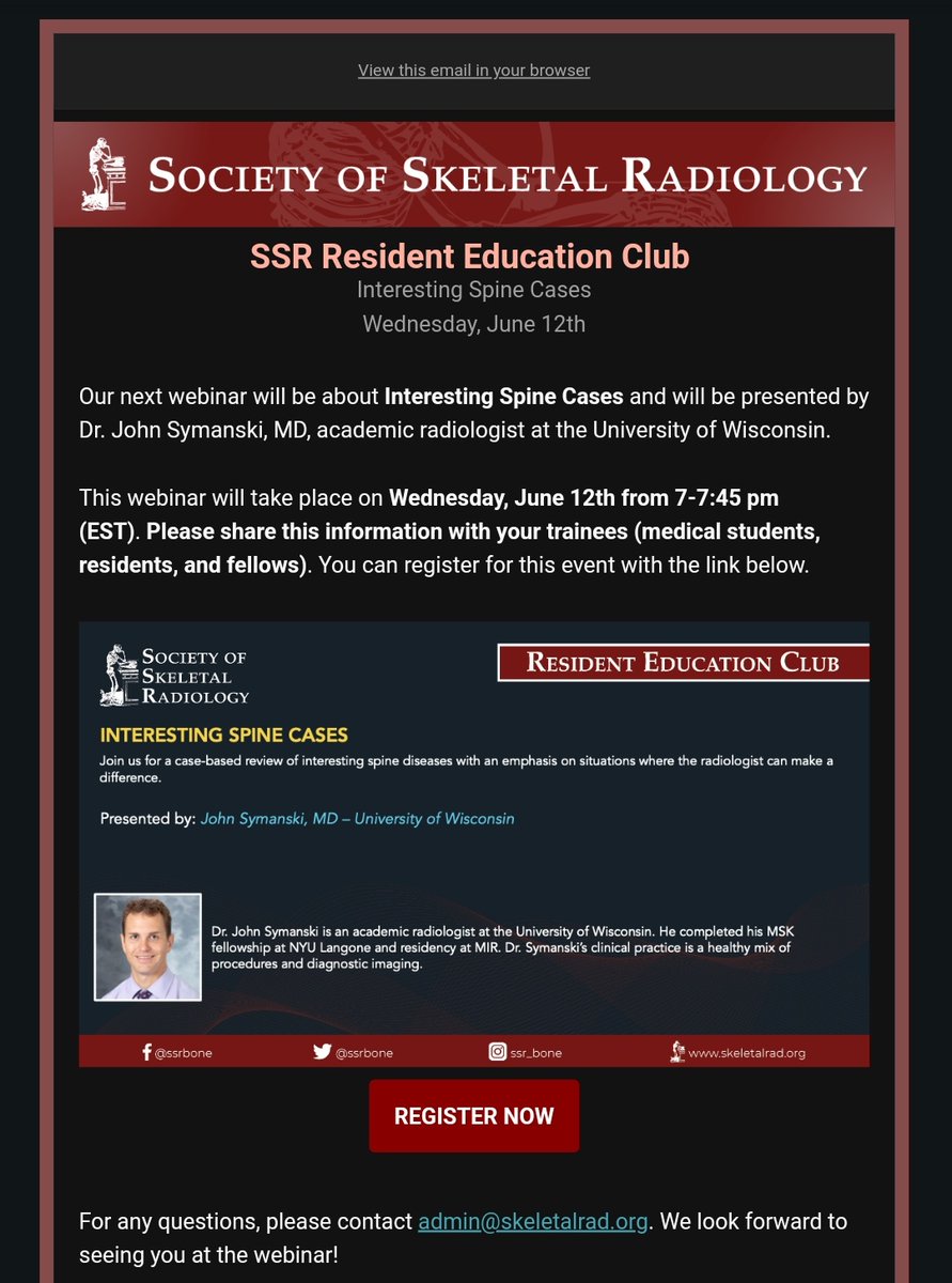 UW MSK Imaging & Intervention (@uw_mskrad) on Twitter photo Friendly reminder to trainees that <a href="/JohnSymanski/">John Symanski</a> will be presenting "Interesting Spine Cases" tonight at 7pm EST❗❕❗🩻🥳🔥
<a href="/SSRbone/">Society of Skeletal Radiology</a> <a href="/UW_MSKrad/">UW MSK Imaging & Intervention</a> <a href="/UWiscRadiology/">UW Radiology</a> <a href="/NASSspine/">NASS</a> 
Register: veritasamc.zoom.us/webinar/regist… Friendly reminder to trainees that <a href="/JohnSymanski/">John Symanski</a> will be presenting "Interesting Spine Cases" tonight at 7pm EST❗❕❗🩻🥳🔥
<a href="/SSRbone/">Society of Skeletal Radiology</a> <a href="/UW_MSKrad/">UW MSK Imaging & Intervention</a> <a href="/UWiscRadiology/">UW Radiology</a> <a href="/NASSspine/">NASS</a> 
Register: veritasamc.zoom.us/webinar/regist…