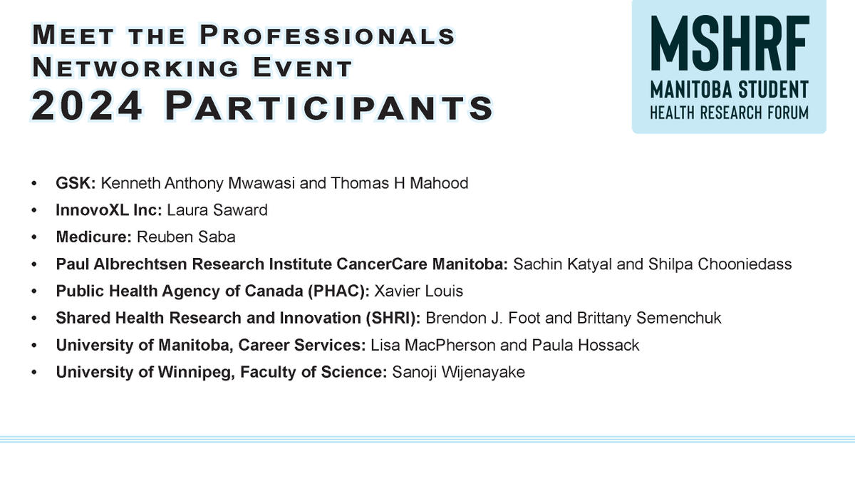 MSHRF_UM's tweet photo. Check out the Amazing 2024 Meet the Professionals Networking Event Participants.
See you all net week (June 18, 2024)!*
@GSK
@DrSanoji
@pauls_samantha
*Registration is closed for this event.
#gradschool #mshrf #healthsciences #networking https://t.co/qK017GpnZa