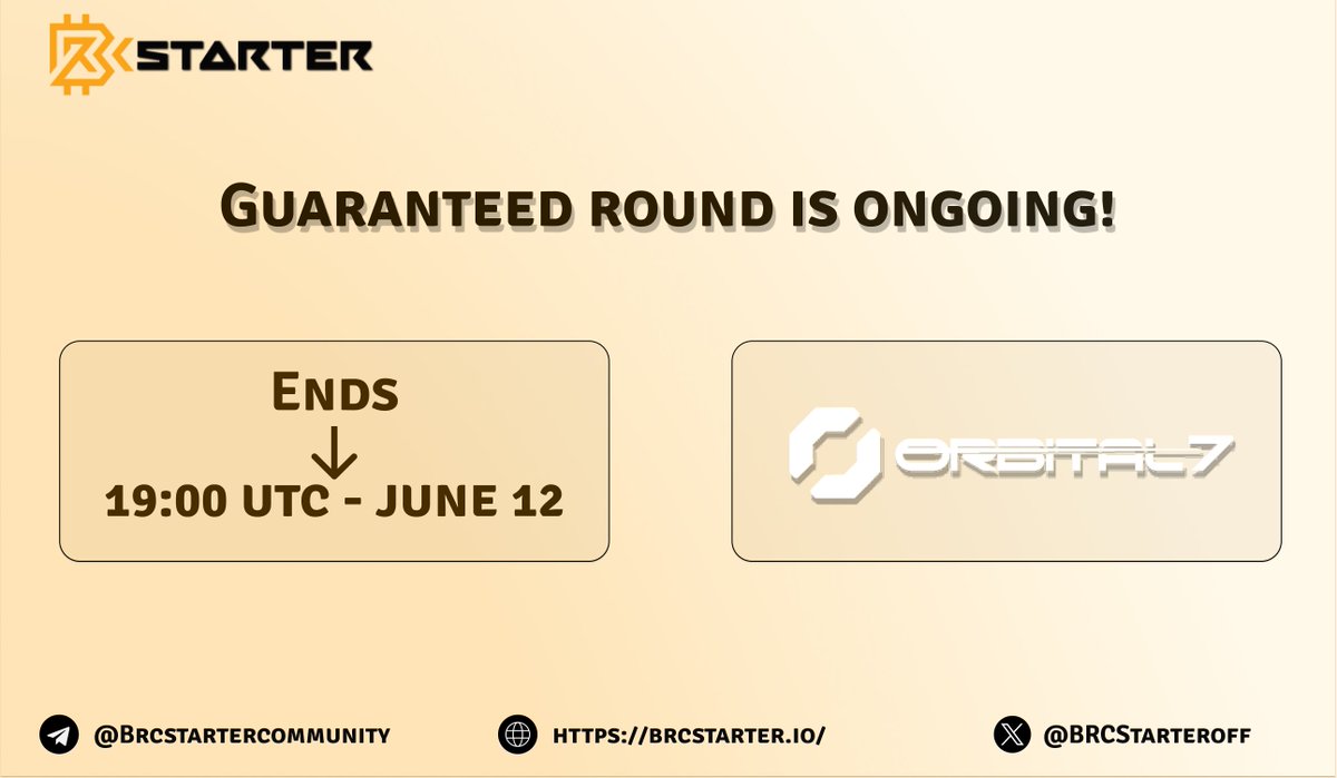 BRCStarters,

<a href="/Orbital7BTC/">Orbital7</a> refundable private sale guaranteed round is ongoing and it will close soon! 🚀

Buy your guaranteed allocation, and if there is any allocation left, stay tuned for the FCFS round. 
For FCFS you will have x10 your guaranteed allocation as your potential