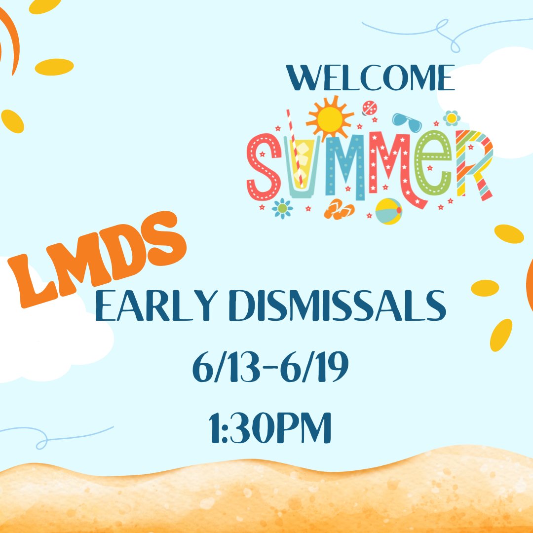 Just a reminder that we have early dismissal days from Thursday, June 13th through Wednesday, June 19th.  Dunfee's hours are 9:30-1:30 on early dismissal days.  The last day of school is Wednesday, June 19th ☀️🌊🛝⛱