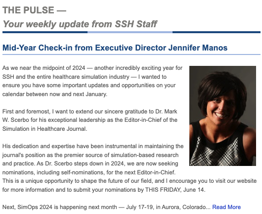 SSHorg's tweet photo. THE PULSE - Mid-year Check-in With SSH Executive Director Jennifer Manos | https://t.co/zdS99D9wOH
"... I wanted to ensure you have some important updates and opportunities on your calendar between now and next January."
#IMSH2025 #simops2024 #hcsimweek24 https://t.co/IoVJHTWDdI