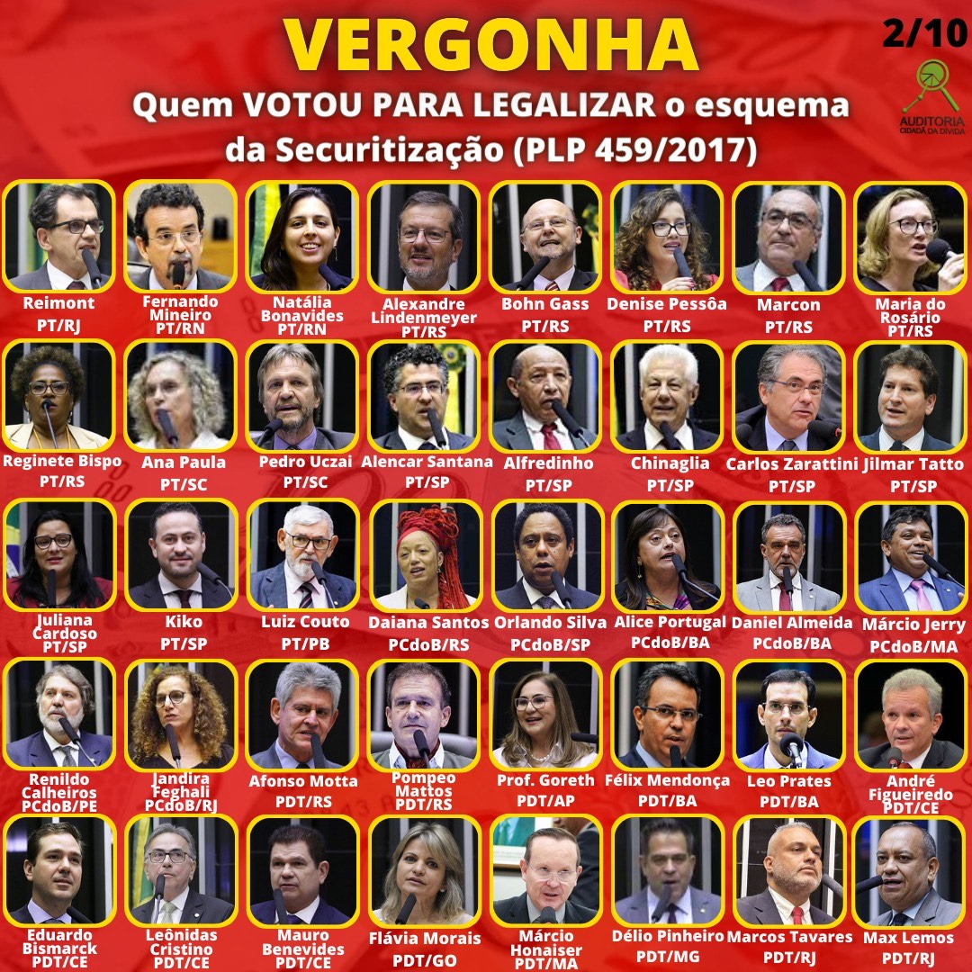 AuditoriaCidada's tweet photo. No carrossel preparado pela equipe da ACD (veja completo no site), estão todos os deputados e deputadas, que votaram a favor do PLP 459/2017, que abre as portas para a institucionalização do esquema fraudulento de securitização no Brasil.
https://t.co/rVBTNDoa0K
#SecuritizaçãoNão https://t.co/QlxO6Ni0L9