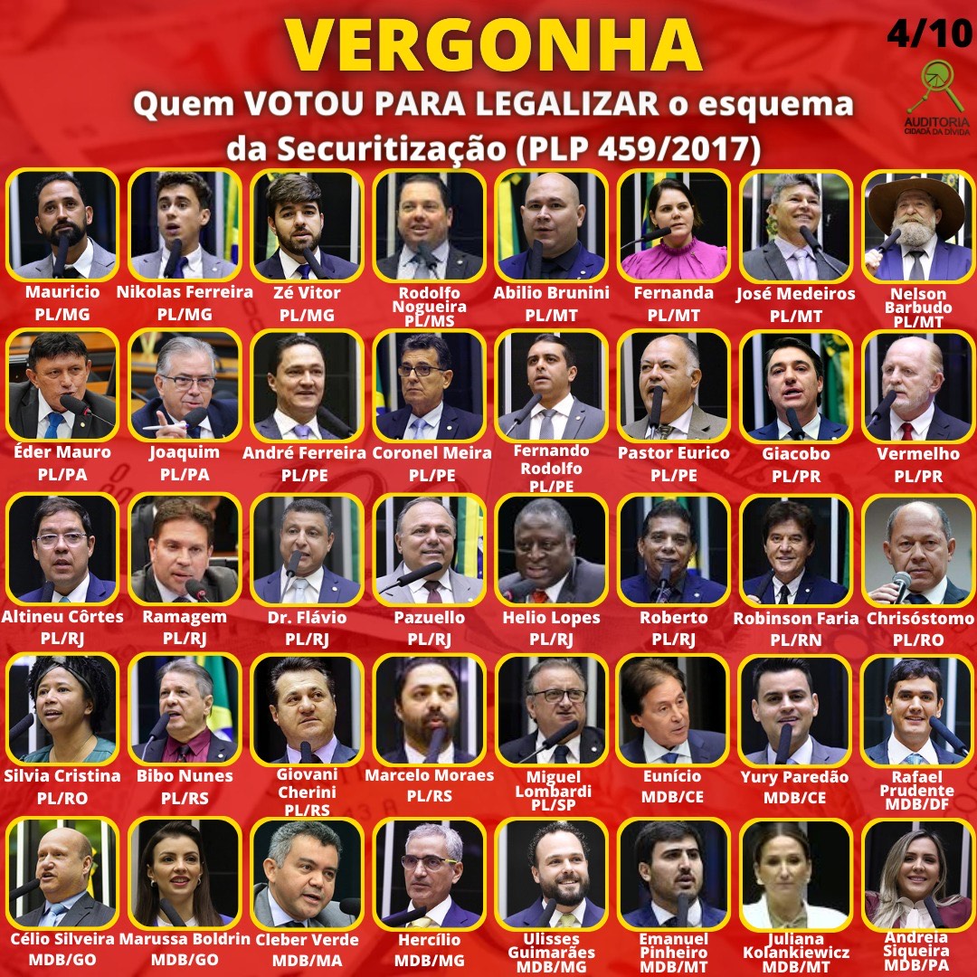 AuditoriaCidada's tweet photo. No carrossel preparado pela equipe da ACD (veja completo no site), estão todos os deputados e deputadas, que votaram a favor do PLP 459/2017, que abre as portas para a institucionalização do esquema fraudulento de securitização no Brasil.
https://t.co/rVBTNDoa0K
#SecuritizaçãoNão https://t.co/QlxO6Ni0L9