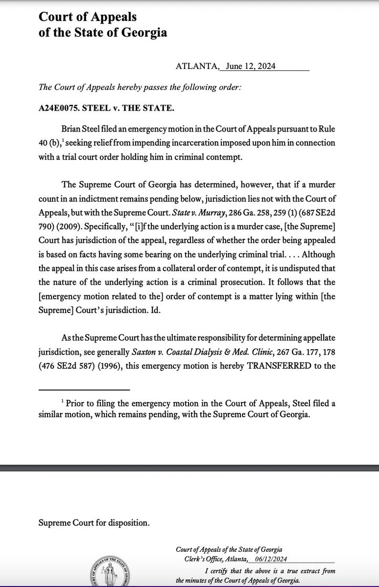 meghanncuniff's tweet photo. The Georgia Court of Appeals has transferred Young Thug's lawyer Brian Steel's emergency motion re: contempt jail sentence to the state Supreme Court. https://t.co/SBJi0CpYwG