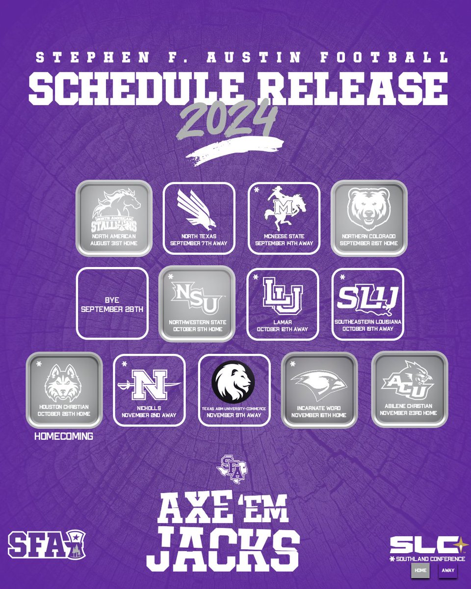 SFA_Football's tweet photo. The 𝙐𝙋𝘿𝘼𝙏𝙀𝘿 2024 Schedule 🪓

Get your season tickets now! 🎟️
https://t.co/aKgWSg7A3q

#AxeEm x #RaiseTheAxe x #EastTexasTough https://t.co/SdaqEAwNnW