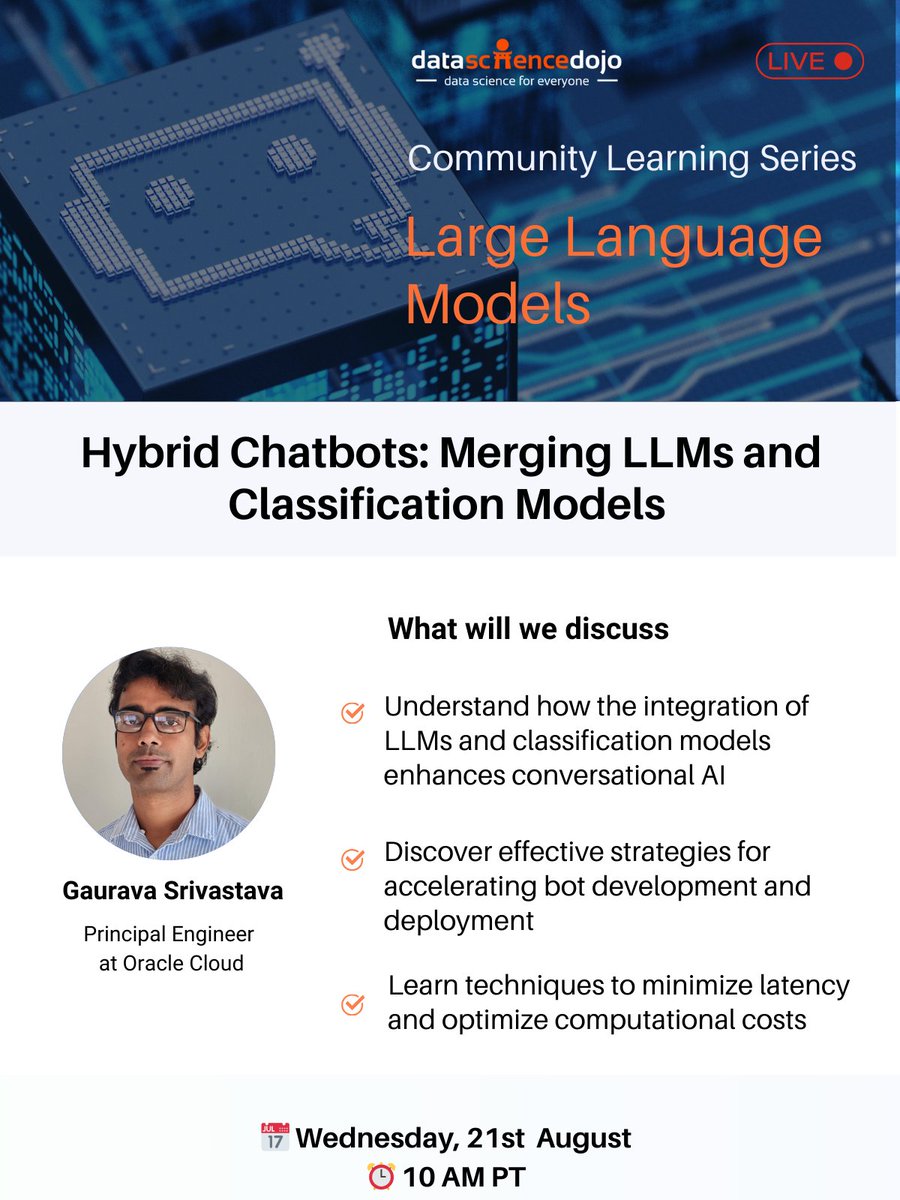 DataScienceDojo's tweet photo. Learn how to build #chatbots that engage in natural #conversations, and #optimize resource usage with powerful new t#echnology. 💬
👉Register now: https://t.co/Phr7aTun56
#largelanguagemodels #conversationalbots #LLMIntegration https://t.co/BAtOhC51ds