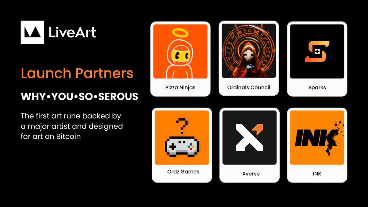 LiveArtX's tweet photo. What we love most about building on Bitcoin? The support and love for art and innovation

Thrilled to launch with an incredible network of partners: @ninjalerts, @inkonbtc, @xverse, @sparksordinals, @ordinalscouncil 🤝

Which other communities should join the next airdrop? https://t.co/4w7SD1kxgj