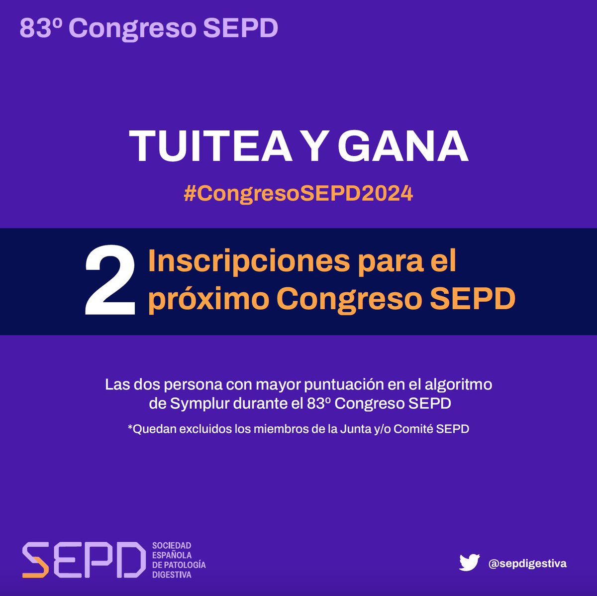 ATENCIÓN ⚠️ 
 🥇🥈  Los dos Twitter ambassadors mas activos durante el congreso de la <a href="/sepdigestiva/">Sociedad Española de Patología Digestiva (SEPD)</a> tienen premio. Publica con el hashtag #CongresoSEPD2024 y obtén una inscripción para el próximo congreso de la <a href="/sepdigestiva/">Sociedad Española de Patología Digestiva (SEPD)</a>

¡Participa y gana!🤳