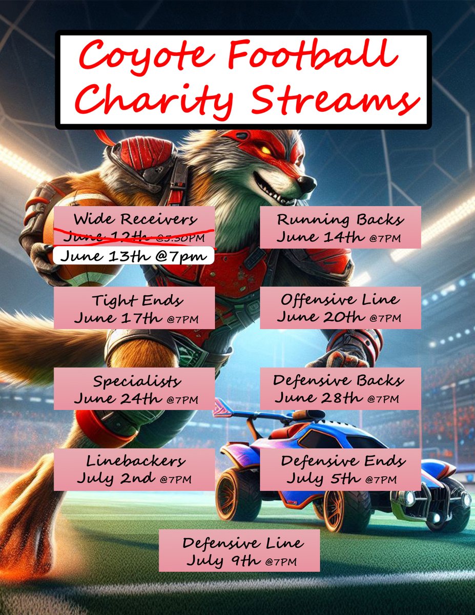 Schedule change due to team activity time change.  Wide Receivers &amp; Running Backs stream back to back days Thurs/Fri @7PM