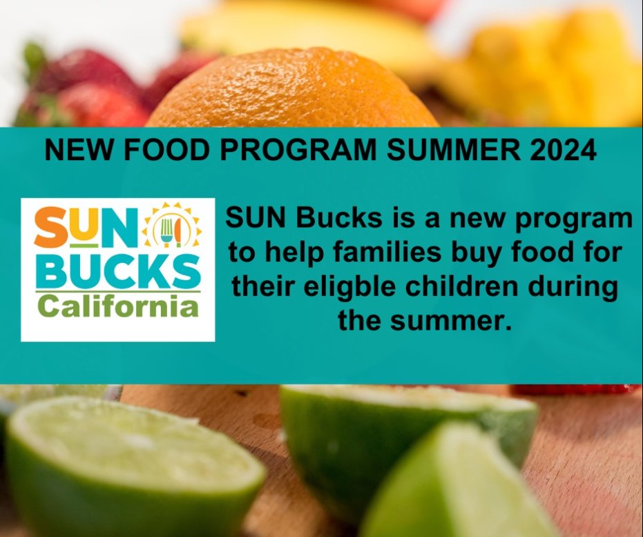 sccssadebs's tweet photo. Families can buy more food with SUN Bucks this summer. Children who qualify for free or reduced-price school meals, CalFresh, CalWORKs, or Medi-Cal are automatically enrolled. 

Learn more: https://t.co/iQawo0LjlW.
#SUNBucks #ChooseCalFresh #CalFreshFood #FoodForAll https://t.co/6nbVZxOfvx