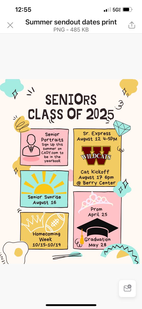 Share the dates with parents and friends. Sign up for senior pics cady.com Also follow cywoods2025 on insta. More details on events as we get closer