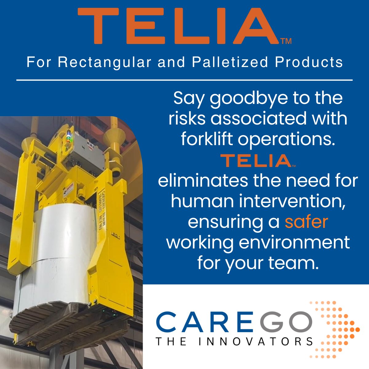 Introducing TELIA for rectangular &amp; palletized products: Redefining Facility Automation! The ultimate solution for streamlining facility operations from your raw materials to your finished goods! Ready to revolutionize your facility? Contact <a href="/CareGo_Tek/">CareGo Tek</a> today to learn more!
