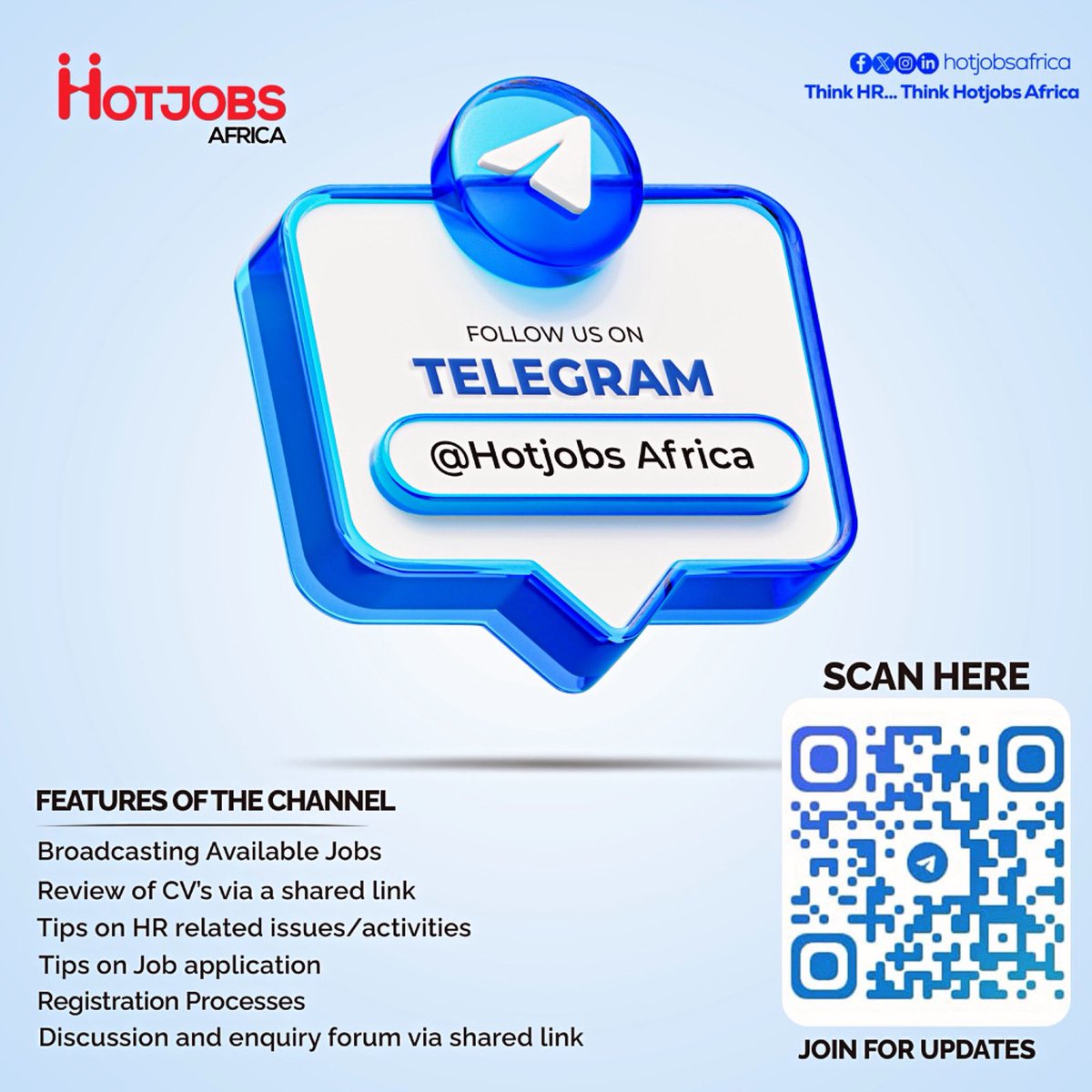 hotjobsafrica's tweet photo. This is Hotjobs Africa's official Telegram channel!! 

Search or Scan and join for more job updates and HR tips 

#hotjobsafrica #Apple #EAHIL2024 #jobs kudus Adoma Dreams FC Opoku Ware SHS Guru Aboa Banku Kasoa Ferran Torres Alajo Andre Ayew Miss Enny Shatta Wale Sheldon https://t.co/aWQj5z5Odv