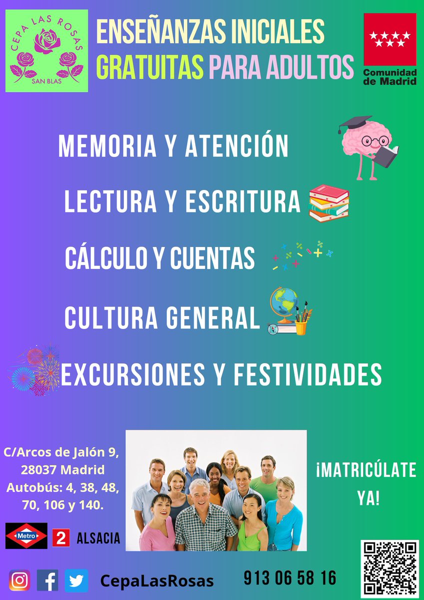 ¿Por qué deberías apuntarte a las Enseñanzas Iniciales  GRATUITAS del 
<a href="/CepaLasRosas/">Cepa Las Rosas</a>🌹? 🤔
Porque trabajarás 
la Memoria y la Atención🧠, 
la lectura y escritura 📖✍️, 
las cuentas 🧮, 
la cultura general 🌎🎭
Celebraremos festivales y haremos excursiones 🕺🎉🏛️
¡Matricúlate ya!