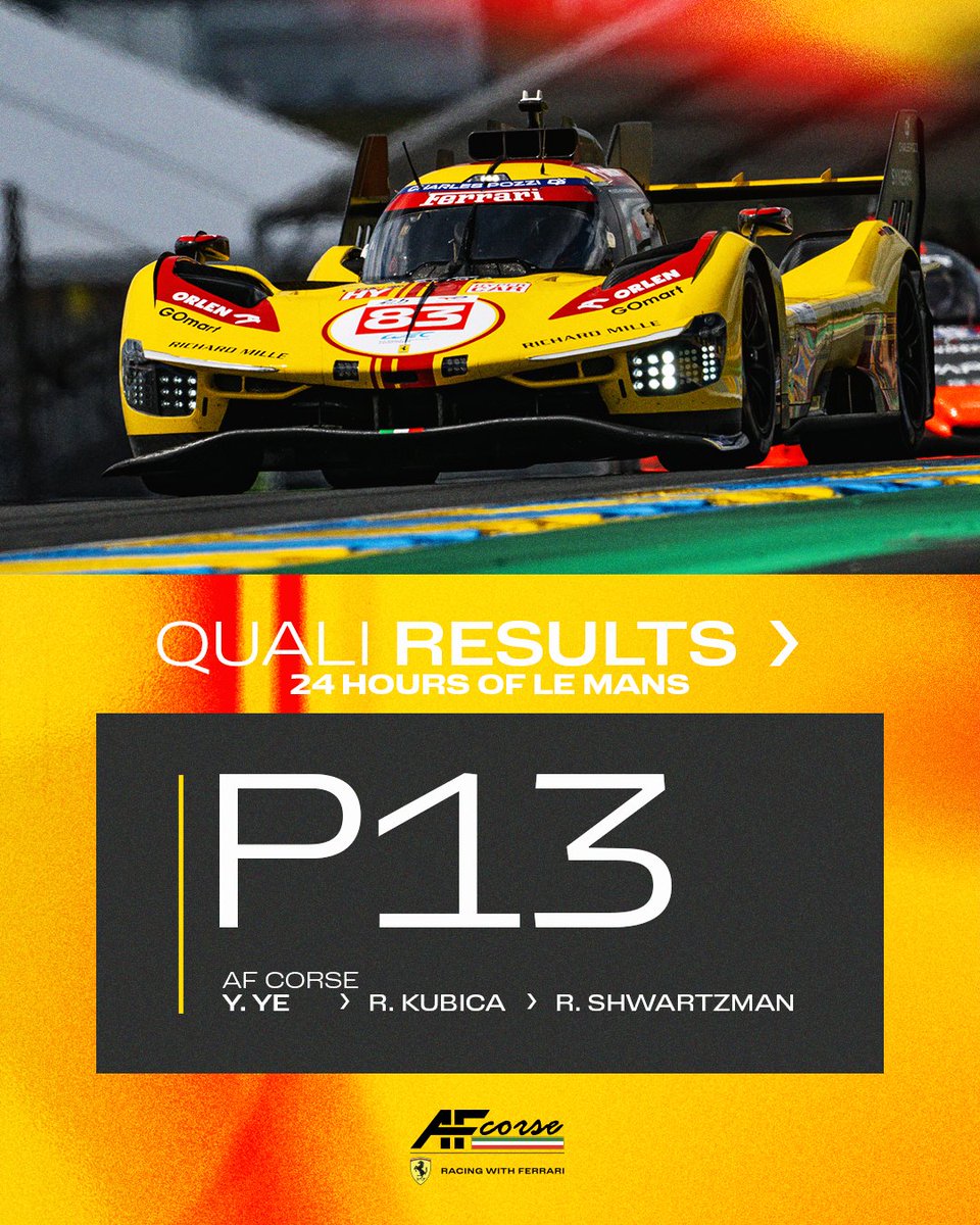 FerrariHypercar's tweet image. 𝙎𝙏𝙍𝙊𝙉𝙂 𝙎𝙀𝙎𝙎𝙄𝙊𝙉! 💪

All eyes on the #Hyperpole run tomorrow 🙌

#️⃣5️⃣0️⃣ - P3 ⏱️ (3:24.731)
#️⃣5️⃣1️⃣ - P7 ⏱️ (3:25.049)
#️⃣8️⃣3️⃣ - P13 ⏱️ (3:25.766)

#FerrariHypercar #Ferrari499P #WEC #LeMans24