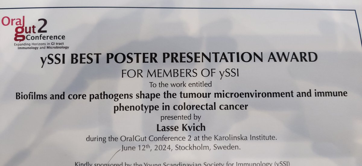 Kvichers's tweet image. Two exciting days were spent at the #OralGut conference with a lot of insightful presentations and talks about microbiology and immunology. Grateful that I was able to participate and honored to receive an award for the best poster presentation 🤓