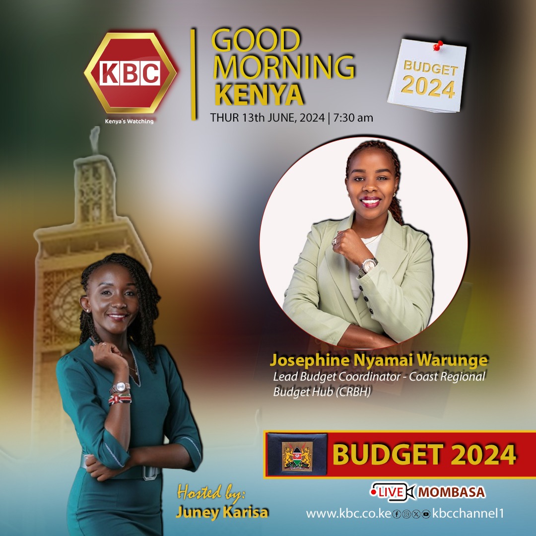 coast_hub's tweet photo. Join our coordinator @JossieNyamai tomorrow at 7:30 AM on KBC's Good Morning Kenya for discussions on the 2024 budget. 

Don't miss out! 

#2024Budget #GoodMorningKenya https://t.co/yjbs2ep1Ei
