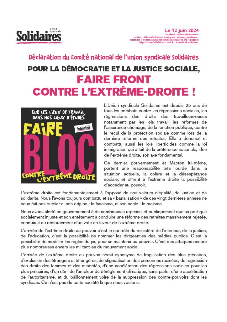 UnionSolidaires's tweet photo. Pour la démocratie et la justice sociale, faire front contre l’extrême-droite ! 
Déclaration du comité national de l'Union syndicale Solidaires du 12 juin 2024.

https://t.co/eMfLfvAlNv https://t.co/x2YLZTsX3H