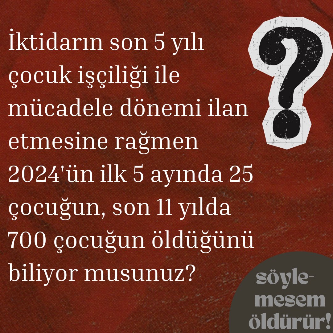 Daha dün 10 yaşında bir çocuk çalışırken öldü. Bu nasıl #sıfırtolerans?

Biz ölmek değil çocukluğumuzu yaşamak istiyoruz. 
#söyleMESEMöldürür 
 #12HaziranÇocukİşçiliğiİleMücadeGünü