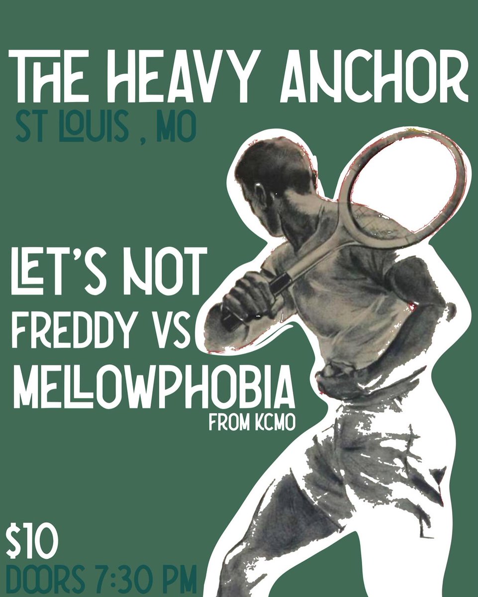 Show Wednesday at 8pm
- <a href="/freddyvsband/">Freddy VS</a> 
- MellowPhobia (KC)
- Let's Not

$10 for the show, no cover to get in the bar side
Bar opens at 5pm / Doors at 7pm / Show at 8pm