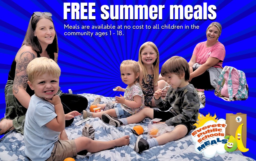 EverettSchools's tweet photo. Our 34th year helping kids in our community! FREE meals for kids ages 1-18 available July 1 thru Aug 15. Kids who come to one of our Summer Meals sites will get a free meal with whole grains, lean proteins, fresh fruits &amp; veggies, plus milk. More at https://t.co/bSomu8p5ZW. 🌞🍎 https://t.co/Yj49tSq6ES