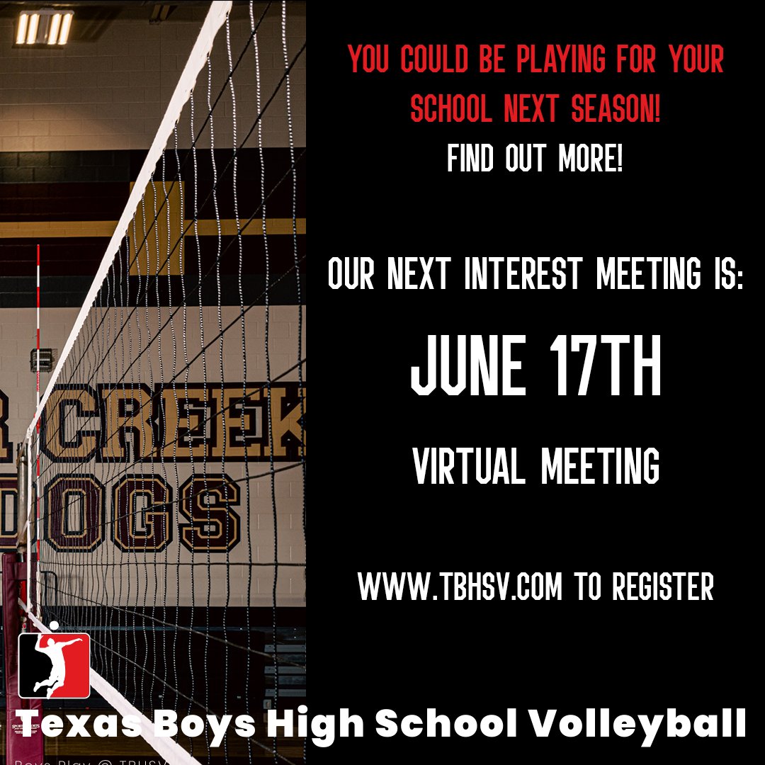 It's time. You're ready to play boys volleyball for your high school. Find out how!

Texas Boys High School Volleyball is having our next interest meeting June 17th virtually!

Sign up at tbhsv.com!

#boysvolleyball #volleyball #growthegame