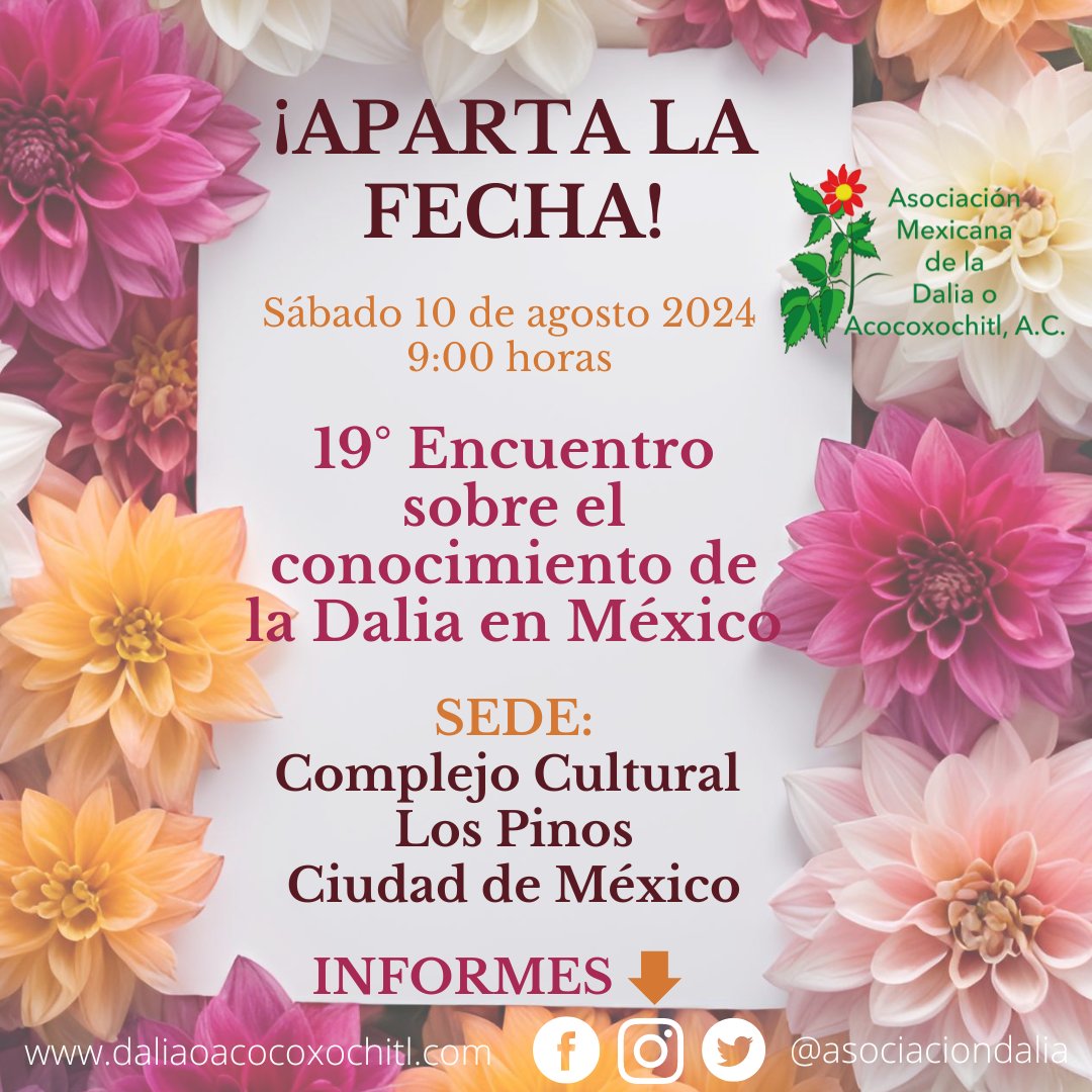REDEMUN's tweet photo. La Asociación Mexicana de la Dalia o Acocoxochitl, A.C.,asociación hermana de RED-E-MUN , extiende una cordial invitación a participar en el 19° Encuentro sobre el conocimiento de la Dalia en México.

#Dalia #México #jardin https://t.co/hcRHPstCW8