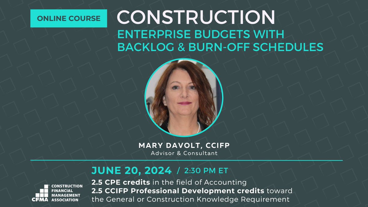Gain expertise on enterprise budgeting and strategic planning! This course will teach you how to outline processes and utilize backlog and burn-off schedules to anticipate future volumes. Join us to transform your budgeting approach ➤ cfma.org/events/details…