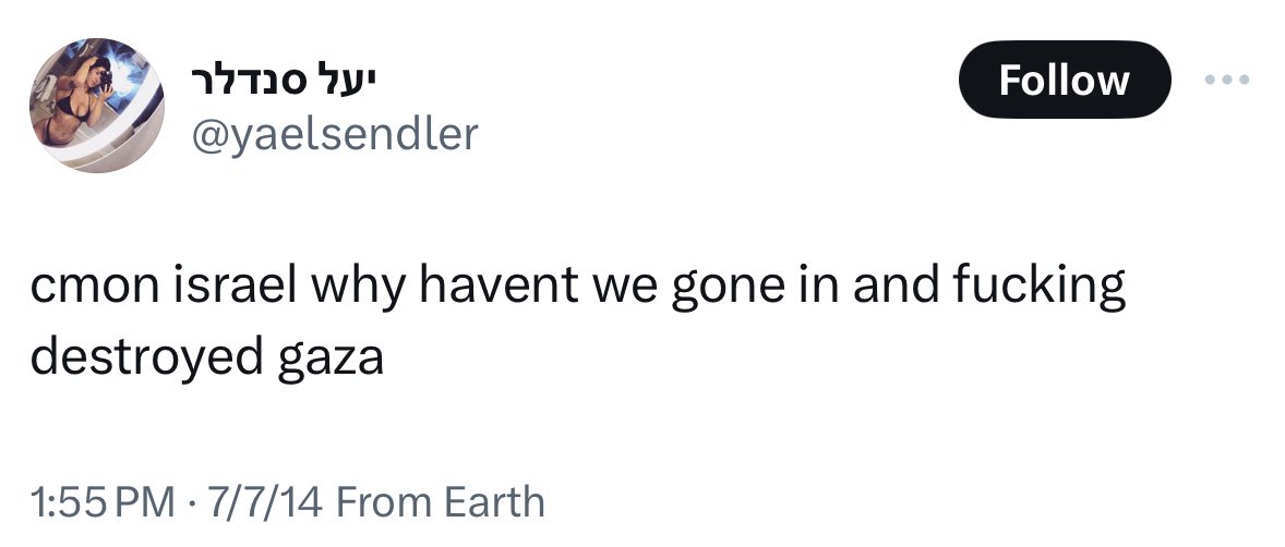 Here are a few of the most bloodthirsty posts from Yael Sendler, the American citizen committing genocide in Gaza. She’s no different than ISIS. Hope to see her on trial for war crimes soon.