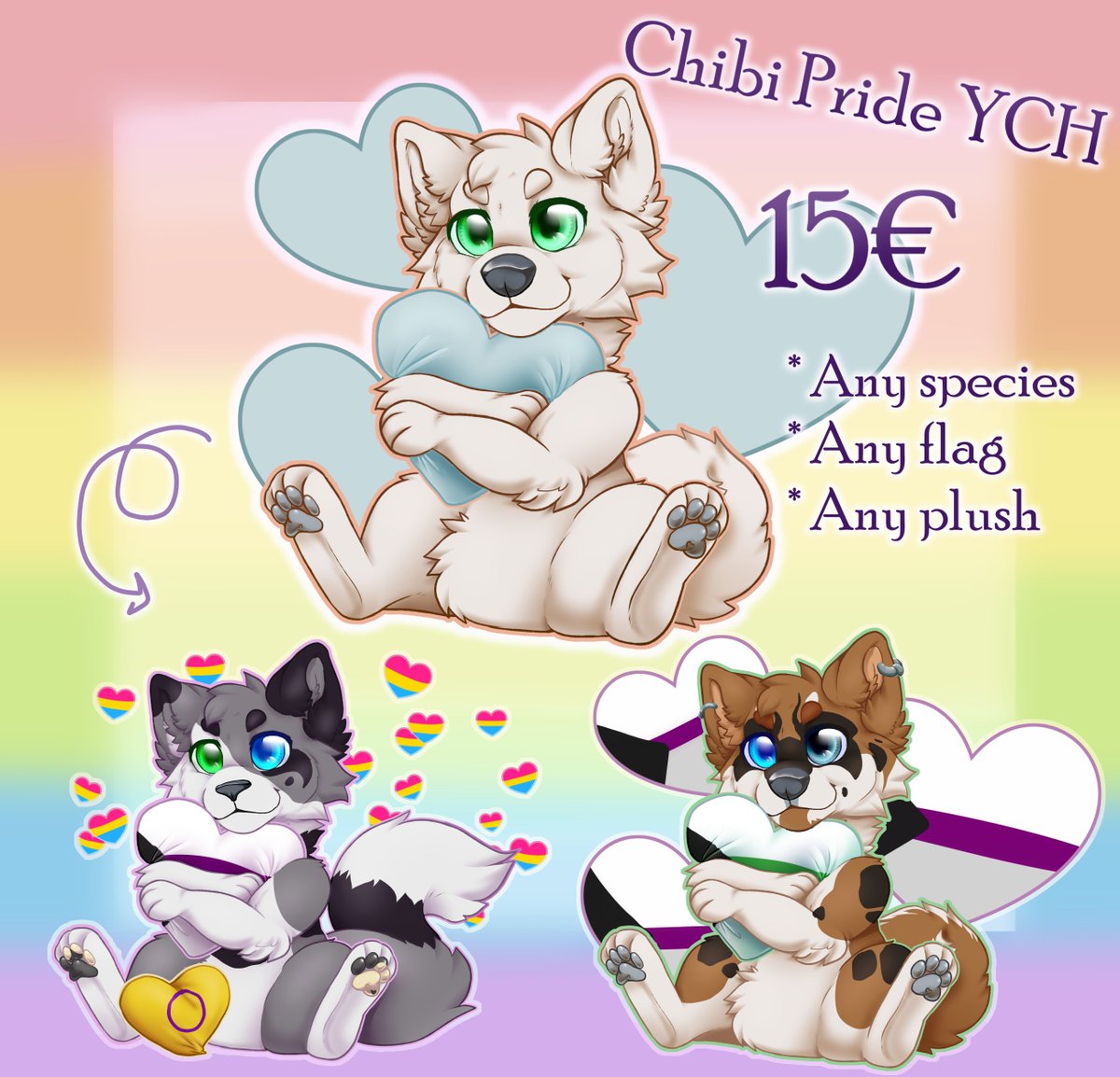 Shakshun's tweet photo. Pride themed Chibi YCH! only 15€, get something cute for cheap! Can edit the background, the species and the plushie they're hugging- could be your partner's sona for example! Big edits +5€ 💖🏳️‍🌈 #furry #ych #commission https://t.co/FglhS2TEkV